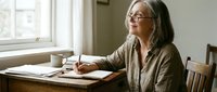 Senior woman with glasses writing in notebook at wooden desk by window, peaceful morning light creating warm atmosphere for journaling or creative work.
