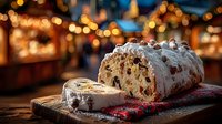 Traditional Christmas stollen cake with powdered sugar on wooden board with festive bokeh lights background for holiday baking and seasonal celebrations.