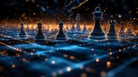 Chess pieces on glowing blue chessboard with dramatic lighting, golden bokeh particles, and dark background create mysterious atmosphere for strategy concepts.
