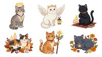 Tabby, white and black cats with halos, wings and religious symbols surrounded by autumn flowers and candles on isolated white background, suitable for spiritual designs, greeting cards and apparel.