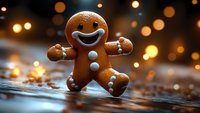 Cheerful gingerbread man cookie with smiling face against blurred golden bokeh lights, festive holiday baking concept for Christmas celebrations.