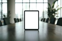 Digital tablet with blank white screen on wooden conference table in modern office meeting room with blurred background and natural lighting.