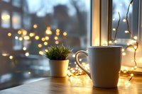 Cozy winter morning with steaming coffee cup on wooden windowsill, fairy lights and small potted plant against blurred city view background. Atmospheric home setting.