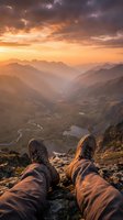 Hiker legs in boots resting on mountain summit overlooking dramatic valley landscape at golden hour sunset with layered peaks and winding river below.