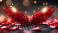 Red glittering heart with wings made of small beads against dark background with bokeh lights and sparkles, romantic Valentine's Day concept for greeting cards.