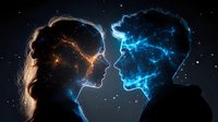 Two human silhouettes with glowing neural networks facing each other against starry space background representing artificial intelligence connection.
