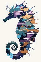 Artistic seahorse silhouette in abstract style featuring splatter effects and modern color palette of teal, purple, and orange on light background.