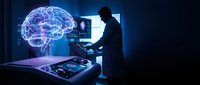 Medical professional analyzing brain scan data with holographic neural network visualization in modern diagnostic laboratory for healthcare technology research.