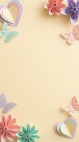 Paper craft frame with origami flowers, butterflies and hearts on beige background for greeting cards, invitations and spring decorations.
