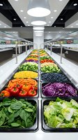 Modern grocery store produce section with organized fresh vegetables and fruits in metal bins, featuring colorful display of peppers, leafy greens, berries, and cabbage under bright LED lighting.