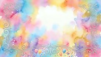 Colorful watercolor background with ornate swirl borders and decorative flourishes for greeting cards, invitations and artistic design projects.