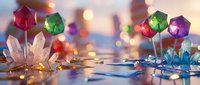 Colorful crystal gems and minerals scattered on reflective surface with warm bokeh lights creating magical atmosphere for jewelry design and decoration.
