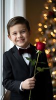 Charming young boy in formal black tuxedo with red bow tie holding single red rose by Christmas tree with warm golden lights for holiday celebrations.