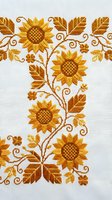 Golden sunflower embroidery on white linen fabric, featuring intricate floral cross-stitch pattern with leaves and swirls in warm yellow and brown tones.