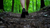 Close-up view of running shoes on forest trail with green blurred background, low angle perspective showing legs of jogger on dirt path during summer workout.