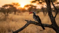 Red-billed hornbill perched on acacia branch during golden hour sunset in African savanna with warm orange light filtering through trees.