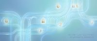 Interconnected padlock icons on flowing digital pathways representing cybersecurity network protection and data encryption solutions for technology and information security applications.