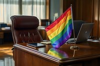 Rainbow pride flag on executive wooden desk with laptop and leather chair in modern office interior, symbolizing workplace equality and inclusion.