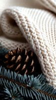 Cozy winter composition with pine cone and knitted white wool sweater on blue spruce branches, creating seasonal holiday atmosphere and warmth.