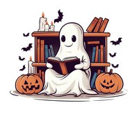 Cute ghost reading book between pumpkins and bats near bookshelf with candles, Halloween cartoon illustration in cozy autumn style for seasonal decoration.