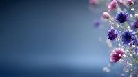 Delicate purple and pink wildflowers against dark blue gradient background with soft bokeh effect and copy space for text, suitable for romantic designs.