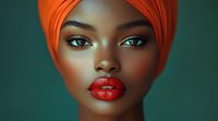 Young African woman wearing bright orange headwrap against green background, featuring dramatic makeup with red lips and striking blue eyes, showcasing beauty and fashion.