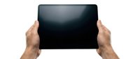 Hands holding blank tablet device with black screen, isolated on white background for app mockup and digital design projects.