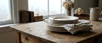 Rustic wooden table with stacked white plates, linen napkins, and dried flowers by window, perfect for dining and home decor styling.