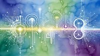 Digital light bulb circuit network on colorful watercolor background representing innovation, technology and creative ideas for business solutions.