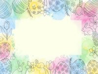 Watercolor Easter frame with decorated eggs, flowers and spring elements on pastel background for greeting cards and seasonal designs.