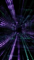Digital binary code tunnel with purple and green neon lights creating futuristic cyber data stream for technology and programming concepts.
