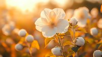 Delicate white cosmos flower blooming in golden sunset light with soft bokeh background for spring garden and nature photography projects.