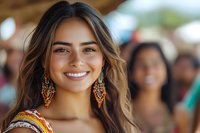 Young Hispanic woman with bright smile wearing colorful traditional earrings and ethnic dress at outdoor cultural celebration, natural lighting and soft bokeh background.
