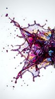Dynamic purple liquid splash with colorful reflections and droplets on white background for creative design projects and artistic compositions.