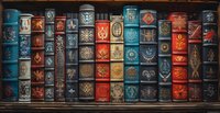 Collection of vintage leather-bound books with ornate gold embossed designs on colorful spines arranged on wooden bookshelf.