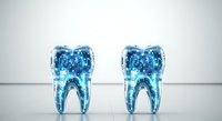 Two transparent blue teeth with glowing digital particles and light effects isolated on white background, suitable for dental care, technology, and healthcare design projects.