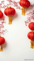 Red Chinese lanterns with gold tassels and pink cherry blossom branches on white background with copy space for lunar new year celebration.