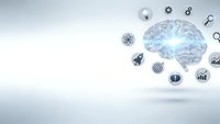 Digital brain with business icons floating in minimalist workspace representing artificial intelligence, machine learning and data analytics solutions.