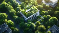 Modern luxury house with green roof garden surrounded by lush forest, aerial view showing sustainable architecture integrated with nature.