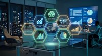 Modern office with holographic business analytics dashboard displaying hexagonal data visualization icons and charts for corporate strategy planning.