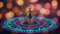 Mystical pendulum swinging over glowing zodiac wheel with astrological symbols and cosmic energy patterns for divination and spiritual guidance practices.