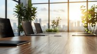 Modern boardroom with wooden conference table and laptops overlooking city skyline at sunset through large windows, surrounded by green plants.