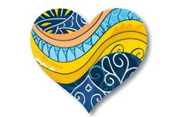Decorative heart shape with swirling pattern in yellow, blue and orange colors featuring abstract waves and ornamental curls on white background, isolated for design use.