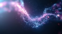 Glowing particles form ethereal wave in dark space, transitioning from pink to blue with sparkling light effects and bokeh elements creating magical atmosphere.