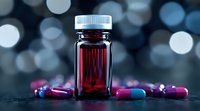 Dark amber medicine bottle with scattered red and blue capsule pills on reflective surface against blurred bokeh background. Pharmaceutical concept.