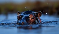 Close-up view of hippopotamus head emerging from blue water with eyes and ears visible, water droplets splashing around in dramatic natural lighting.