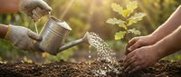 Hands watering young seedling with watering can in soil, sunlight streaming through leaves, gardening and plant care concept.