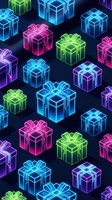 Neon gift boxes seamless pattern with glowing ribbons in vibrant colors on dark background for holiday designs and festive decorations.