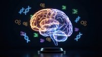 Glowing holographic brain with digital technology icons floating around on dark background for artificial intelligence and neuroscience concepts.