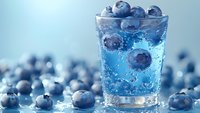 Fresh blueberries floating in sparkling blue water in glass tumbler with scattered berries around for healthy drink and nutrition concepts.